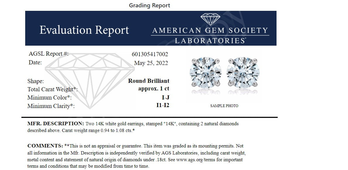AGS Certified 14K White Gold 1.0 Cttw 4-Prong Set Brilliant Round-Cut Solitaire Diamond Push Back Stud Earrings (I-J Color, I1-I2 Clarity)