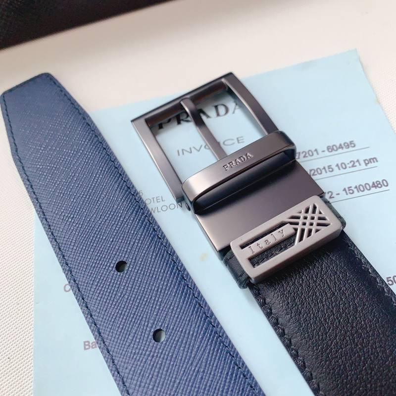 Prada Leather Reversible Belt With Triple Buckles 'Black/Blue'