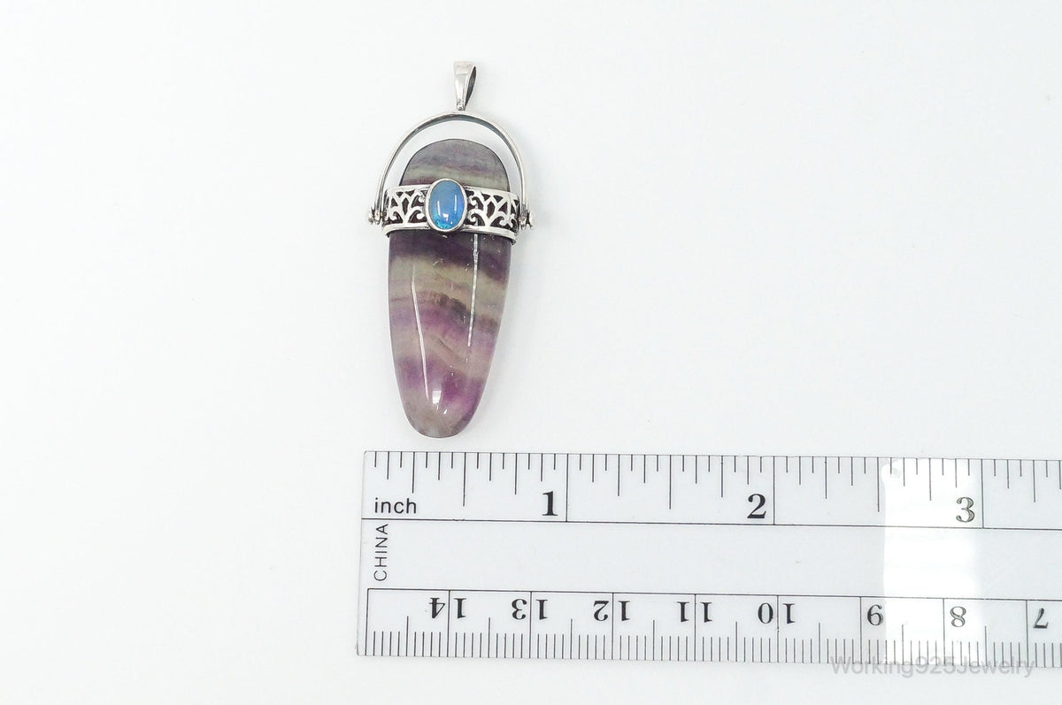 Vintage Purple & Green Fluorite Blue Opal Sterling Silver Pendant