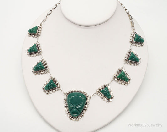 Vintage Mexico Green Onyx Carved Masks Sterling Silver Necklace — photo 2 of 9