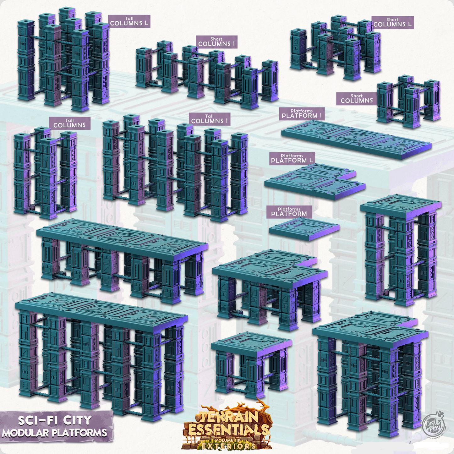 Plataformas modulares 3D impresas Cast n Play Set de ciudad de ciencia ficción Esenciales de terreno Vol III Exteriores 28mm 32mm D&D