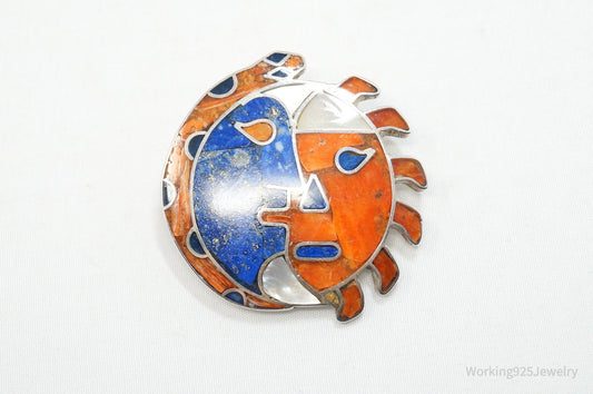Vintage mexikanische Sonne & Mond Brosche Anhänger – 950er Silber – Handgemachter Südwestlicher Nachlassschmuck