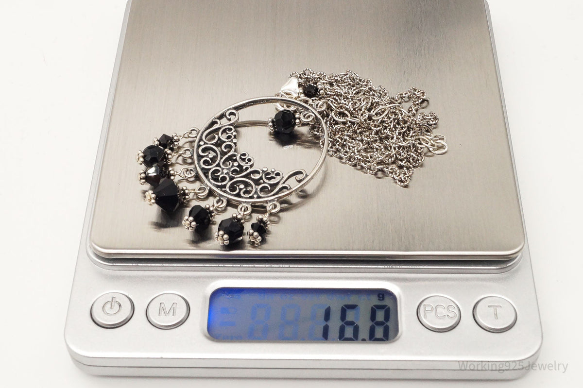 Vintage Black Onyx Bead Chandelier Sterling Silver Necklace