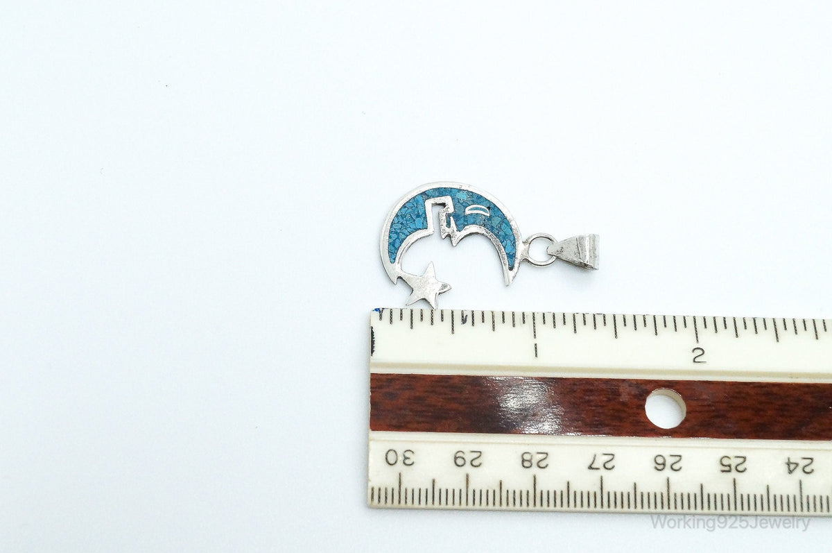 Large Vintage Mexico Turquoise Sterling Silver Moon Necklace Pendant