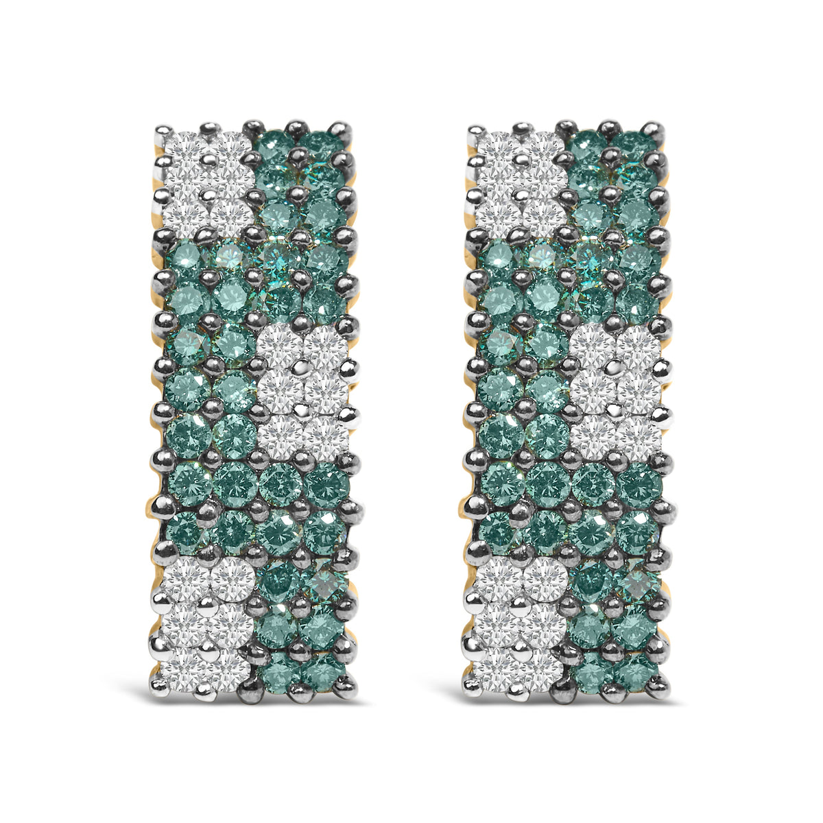 14K Yellow Gold 2.00 Cttw White and Treated Blue Diamond Four-Row Pavé Omegaback Earrings (H-I Color, SI1-SI2 Clarity)