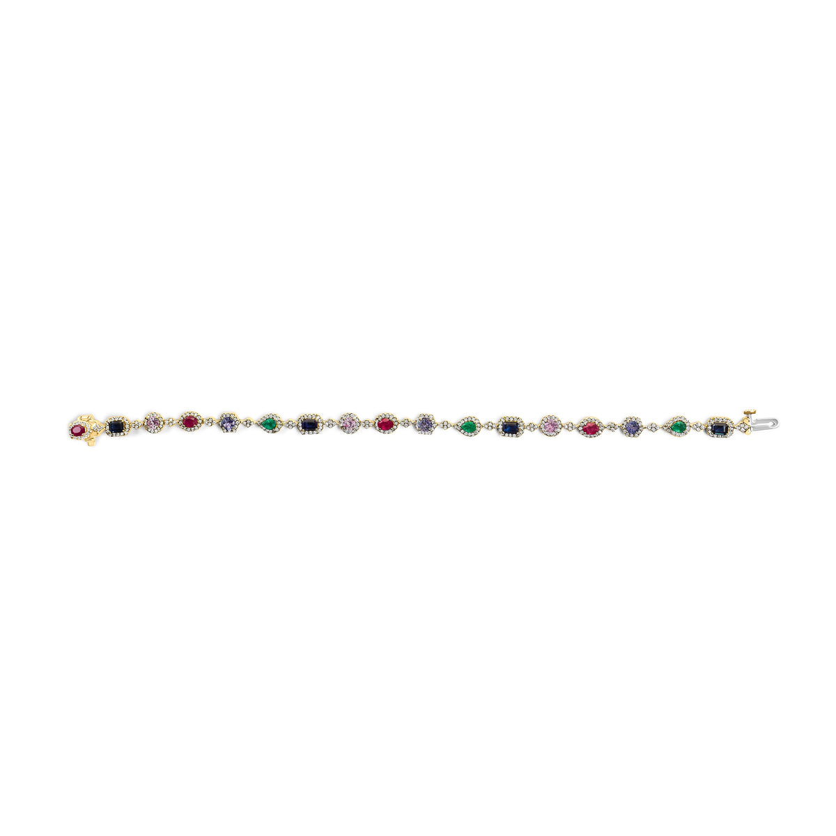 14K Yellow Gold Multi-Gemstone and Diamond Halo Rainbow Link Bracelet