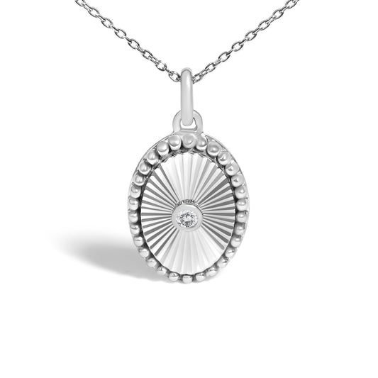 14K White Gold Diamond Accent Oval Fluted Medallion Pendant Necklace