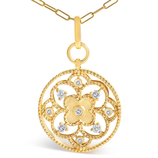 14K Yellow Gold 1/4 Cttw Diamond Filigree Flower Medallion Pendant Necklace