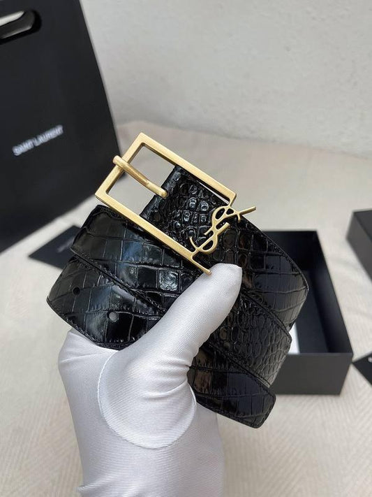 Saint Laurent Classic Monogram Square Buckle Belt Crocodile Embossed Leather