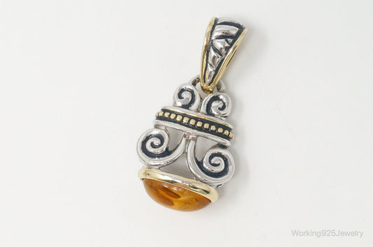 Large Vintage Amber Gold Vermeil Sterling Silver Necklace Pendant