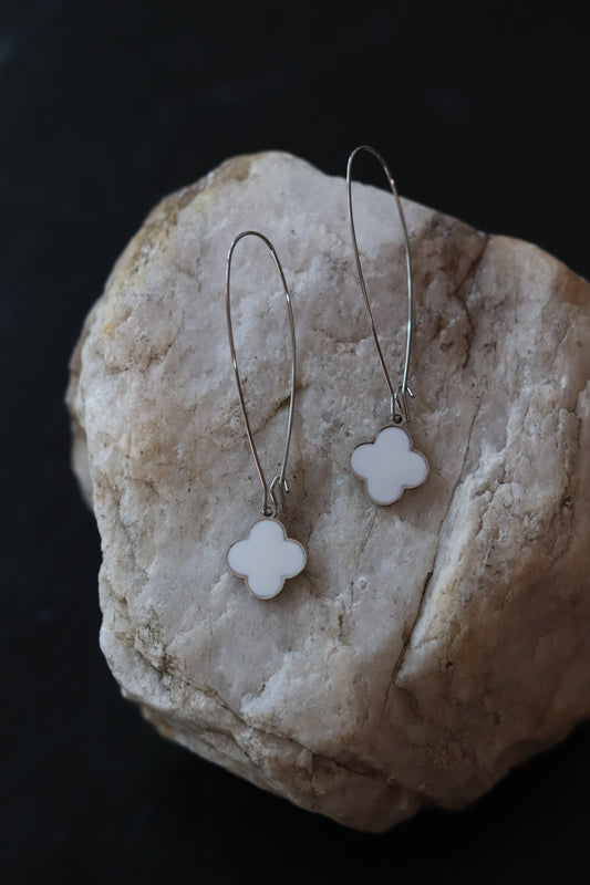 Silver and White Clover Dangle Earrings
