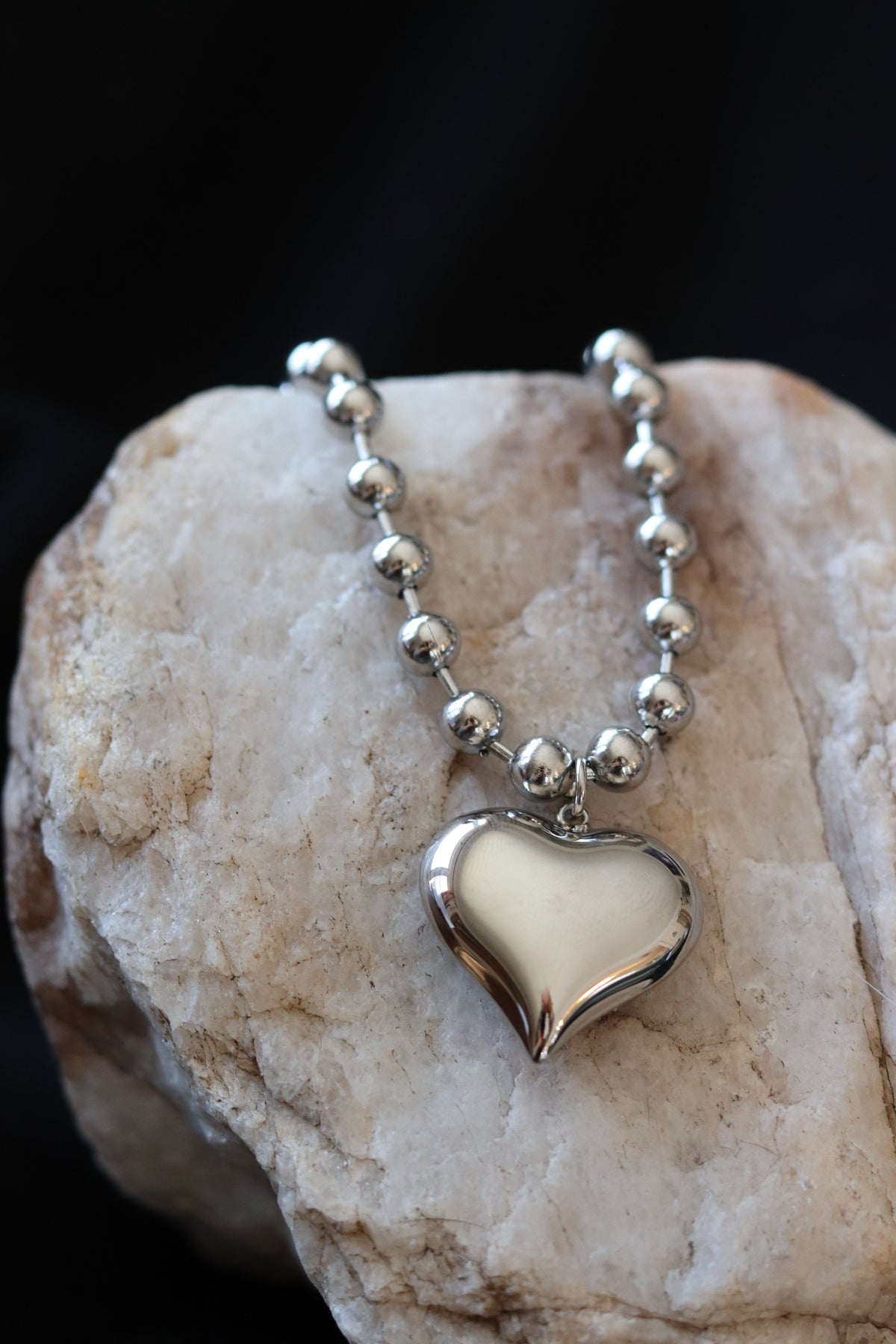 Silver Harlow Chunky Heart Ball Chain Necklace – 18K Gold Plated Stainless Steel Pendant