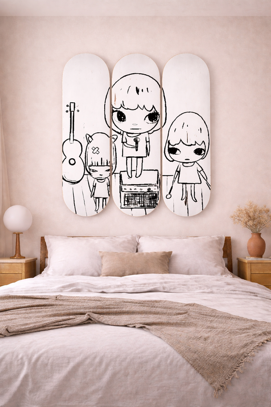 Nara Inspired 3-Piece Skateboard Wall Art – Minimal Black & White Edition