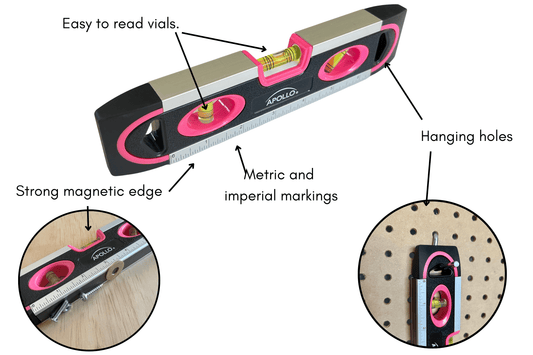 PINK 9-inch torpedo-shaped spirit level for 180/90/45 degrees leveling-- DT5019P