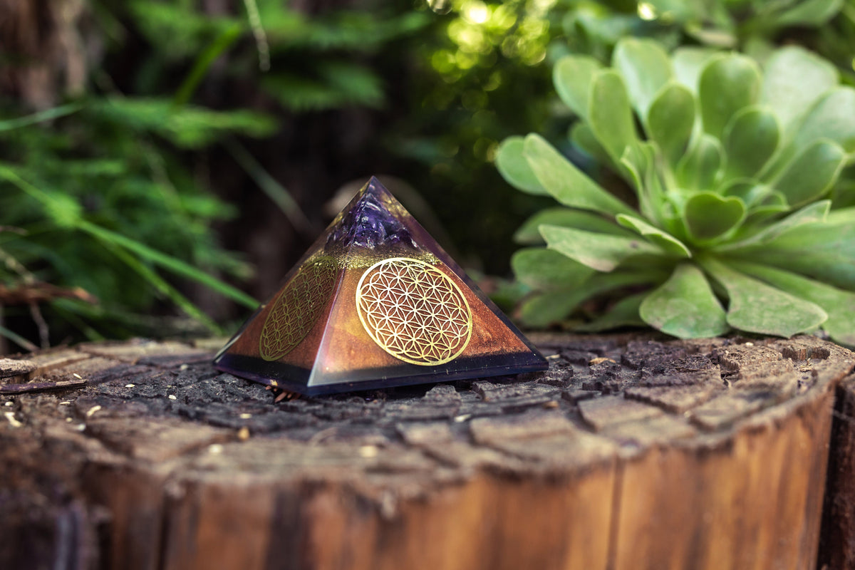 Flower of Life Copper Orgone Pyramid with Amethyst (Authentic- REAL)