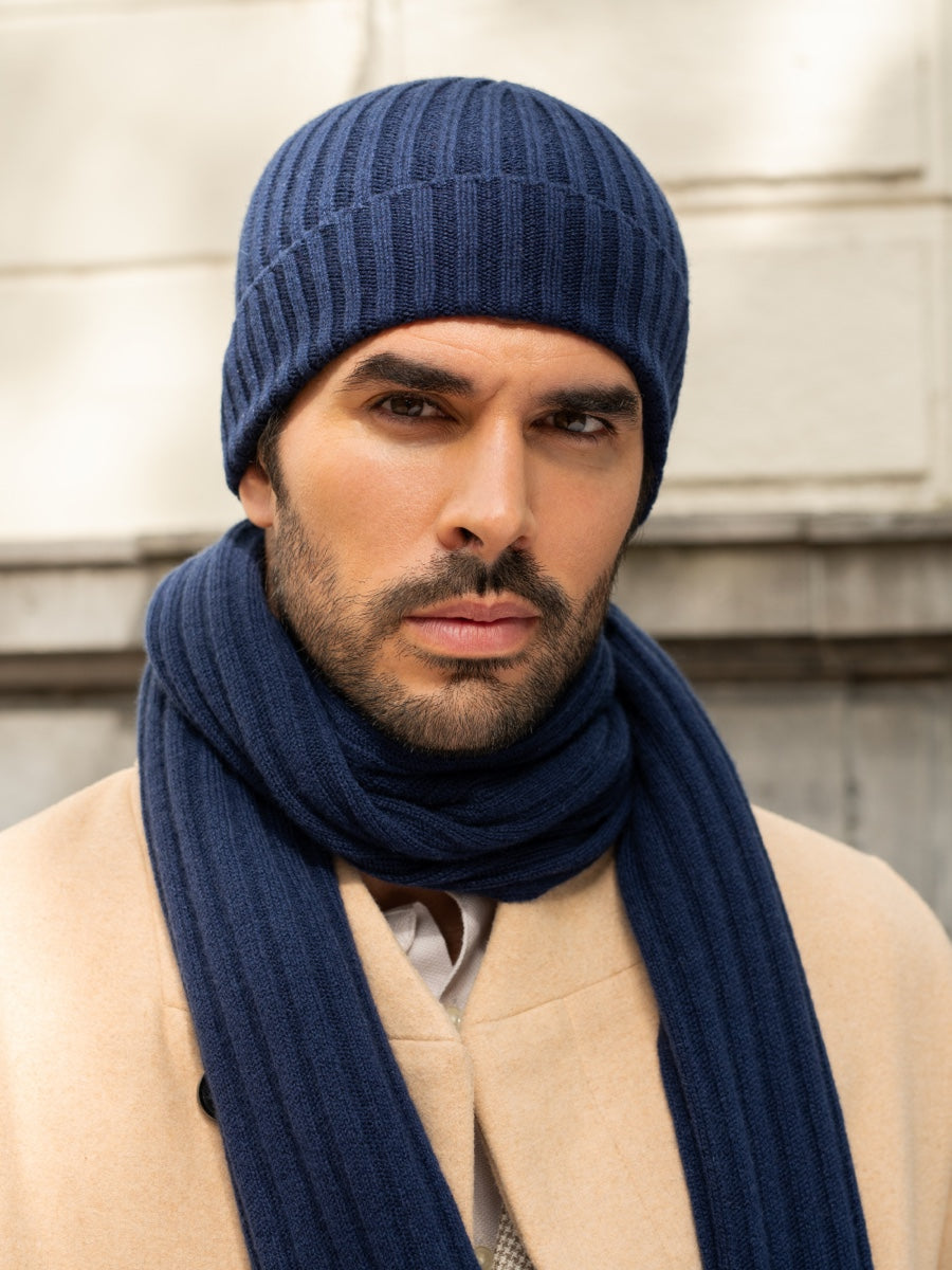 Milano (navy blue) - Italian 100% cashmere ribbed beanie (unisex)