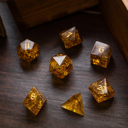 Juego de dados de rol DND de cristal craquelado, diseño de rayo, color miel dorada