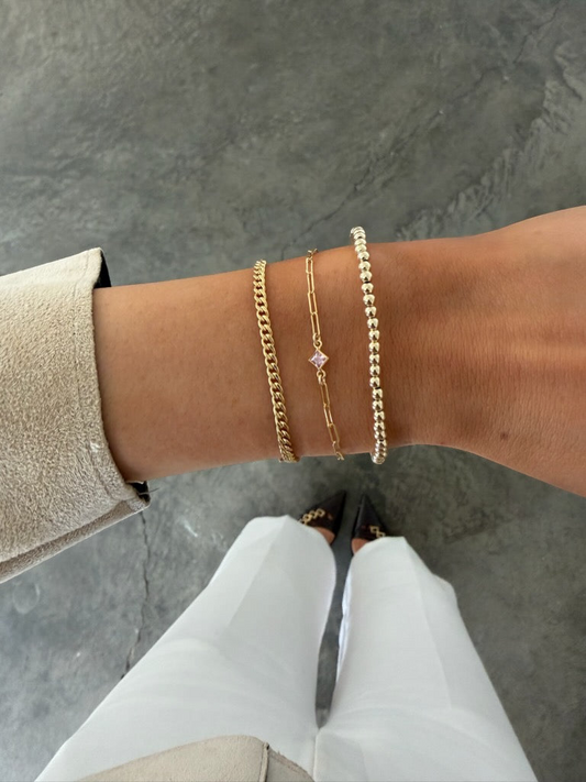 birthstone + gabi curb + juno bead (3mm) bracelet stack