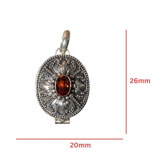 Vintage Sterling Silver Oval Locket with Faceted Red Crystal - 925 Silver Pendant