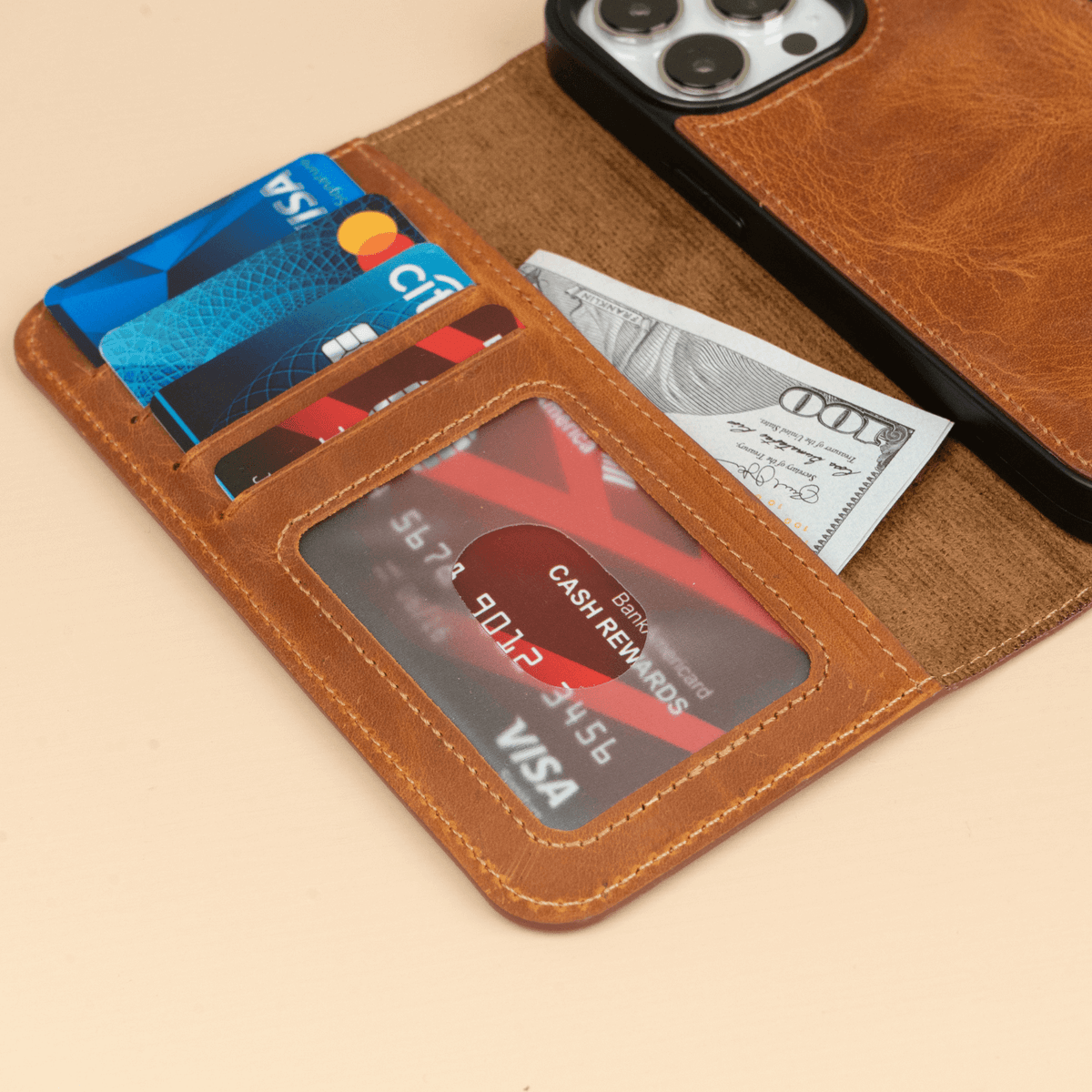 iPhone 16 Series Brown Leather Wallet Case - New York
