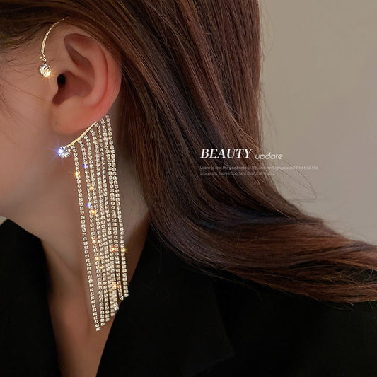 Rhinestone Tassel Long Female Personality Graceful Fashionable Non Ear Clip