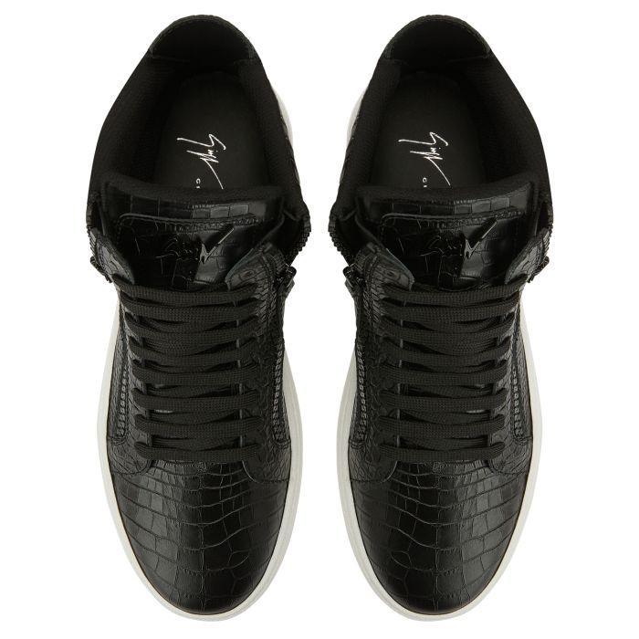Giuseppe Zanotti GZ94 High-Top Sneakers in Black Crocodile-Print Leather with Metal Signature Detail