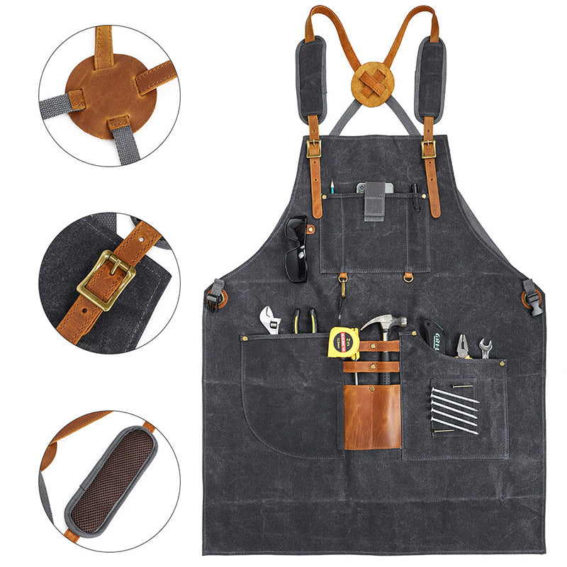 Personalized Canvas Work Apron, Waterproof Adjustable Utility Apron for Men with 8 Tool Pockets