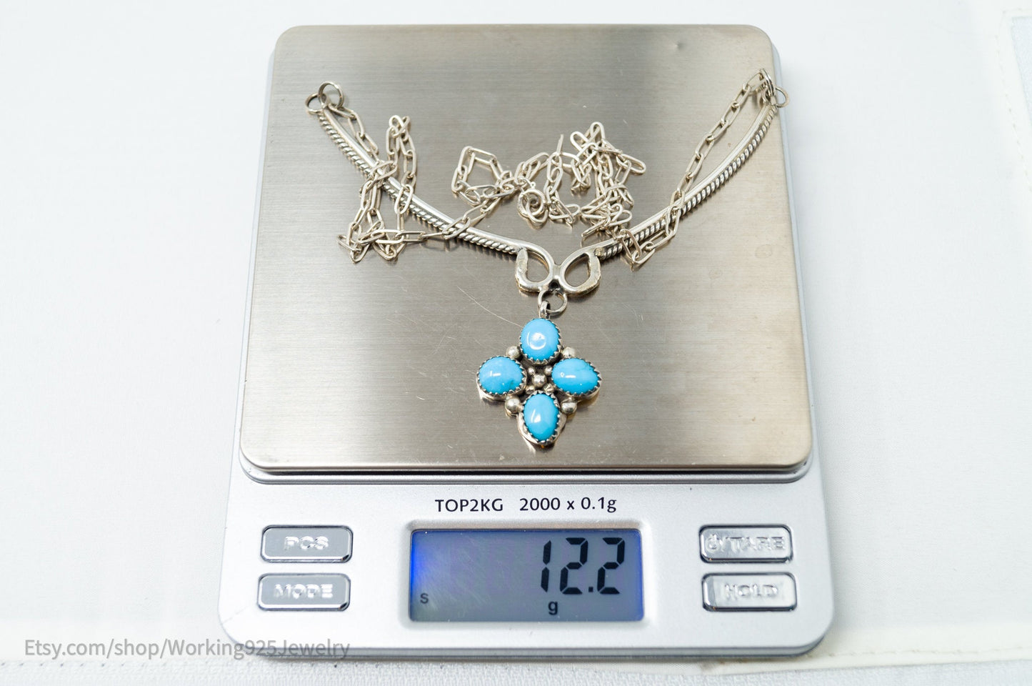 Vintage Native American Handmade KC Signed Turquoise Sterling Silver Necklace