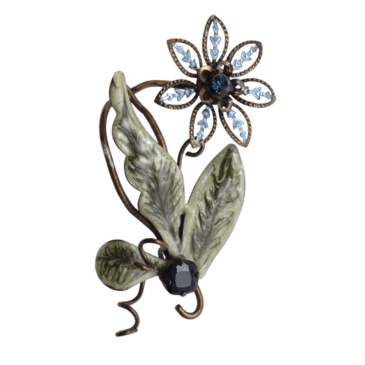 Vintage Blue Rhinestone Floral Brooch with Green Enamel Leaves - 32x69mm Base Metal Pin