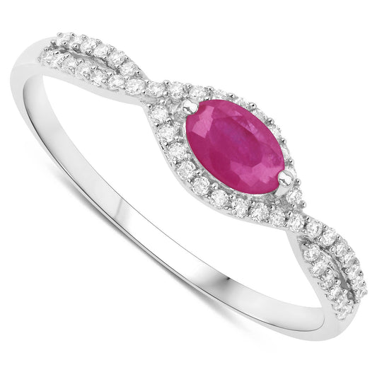 0.40 Carat Genuine Ruby and White Diamond 14K White Gold Ring
