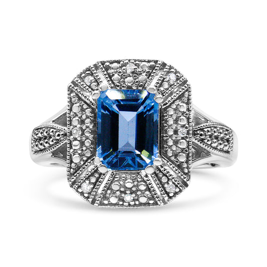 .925 Sterling Silver Diamond Accent and 8X6 mm Emerald-Shape Blue Topaz Ring (I-J Color, I2-I3 Clarity) - Ring Size 7 — photo 2 of 10