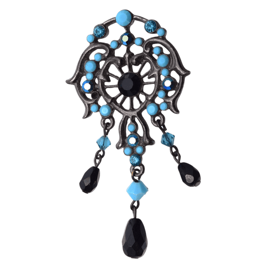 Vintage Turquoise Black Glass Crystal Brooch Pin - Ornate Art Nouveau Style 35x65mm