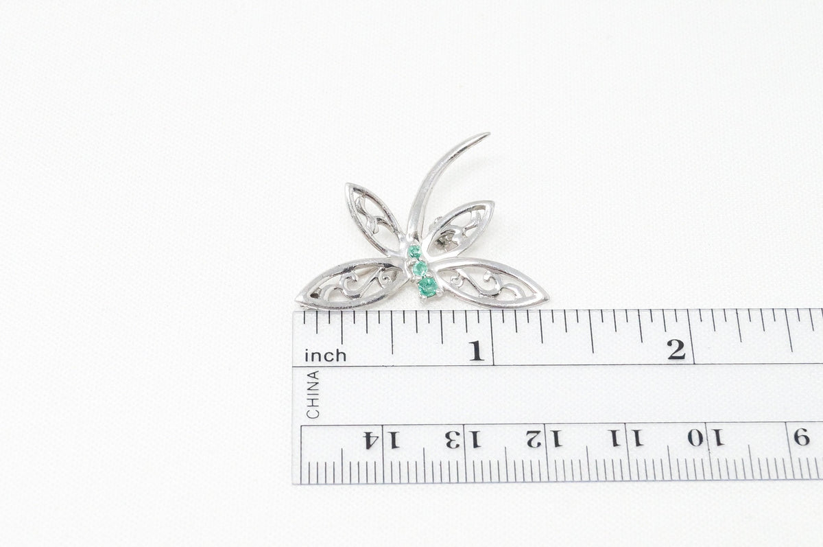 Vintage Emerald Dragonfly Sterling Silver Necklace Pendant