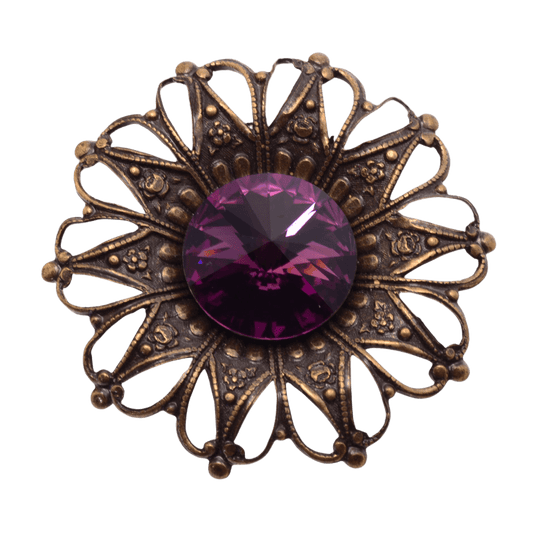 Vintage Style Ornate Brass Filigree Brooch with Purple Rhinestone - 37mm Floral Design