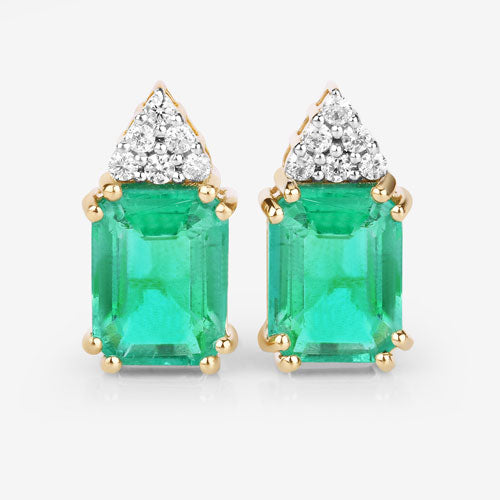 2.87 Carat Genuine Ethiopian Emerald and White Diamond 14K Yellow Gold Earrings