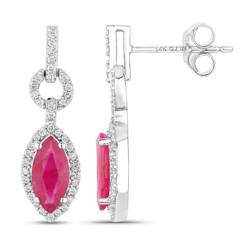 1.23 Carat Genuine Ruby and White Diamond 14K White Gold Earrings