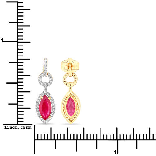 1.23 Carat Genuine Ruby and White Diamond 14K Yellow Gold Earrings