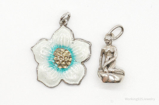 Vintage Modernist Enamel Flower Little Mermaid Sterling Silver Pendants — photo 2 of 8