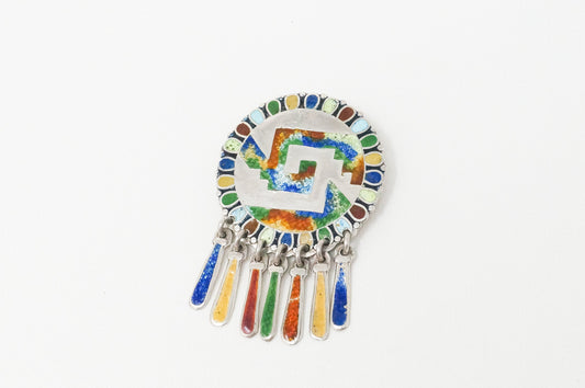 Vintage Taxco Mexico Muti Color Enamel Sterling Silver Brooch Pin Pendant