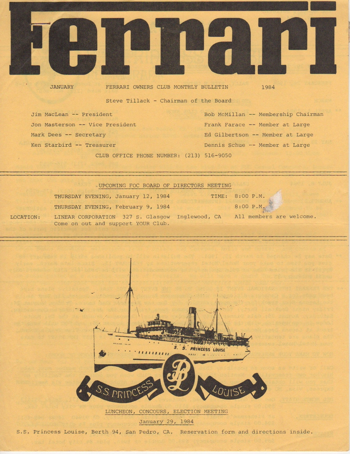 Ferrari, FOC Monthly Bulletin (USA) 1984-01