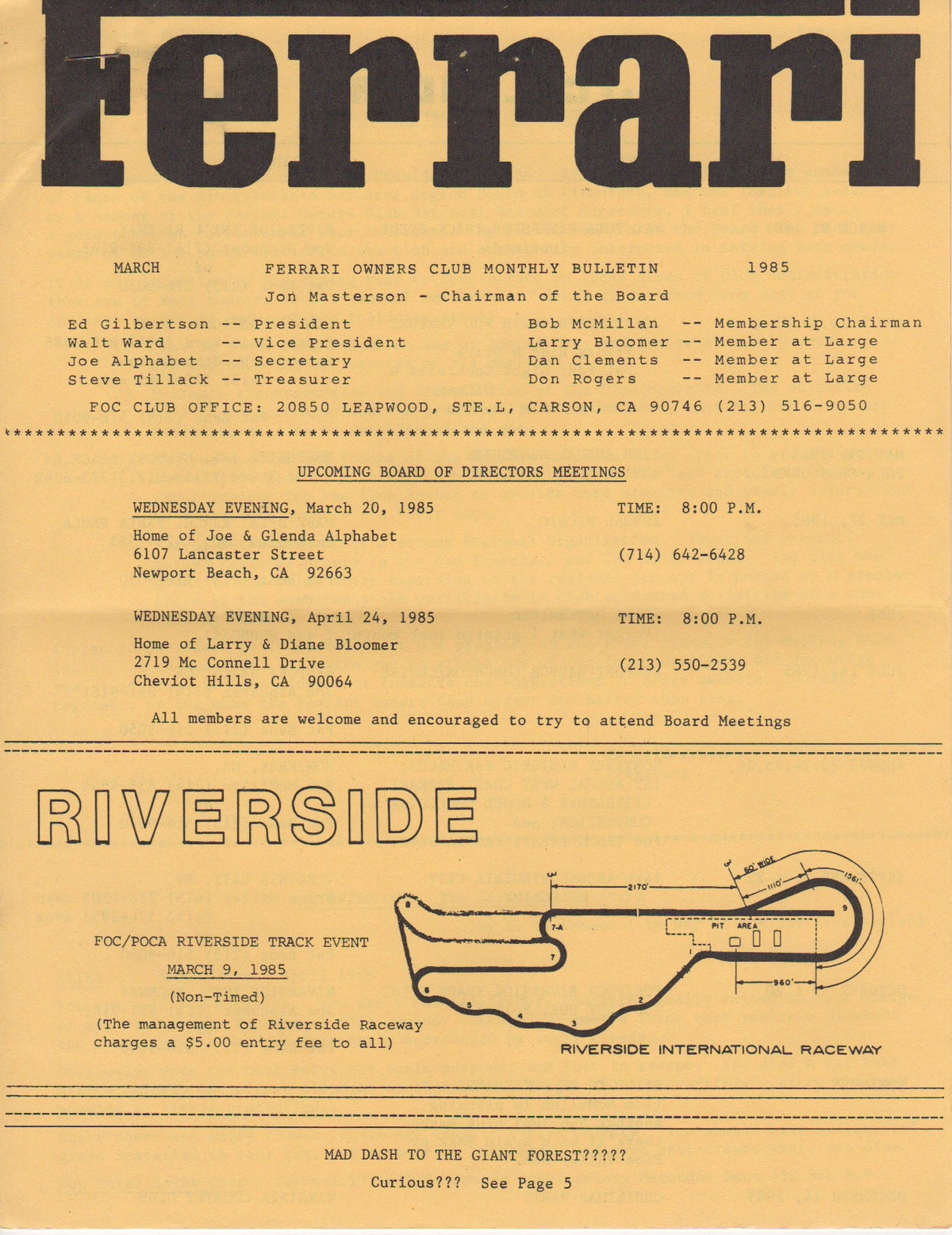 Ferrari, FOC Monthly Bulletin (USA) 1985-03