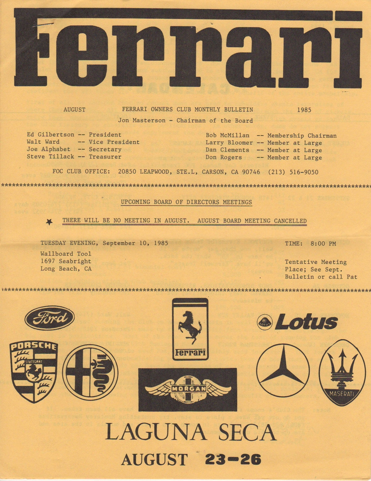 Ferrari, FOC Monthly Bulletin (USA) 1985-08