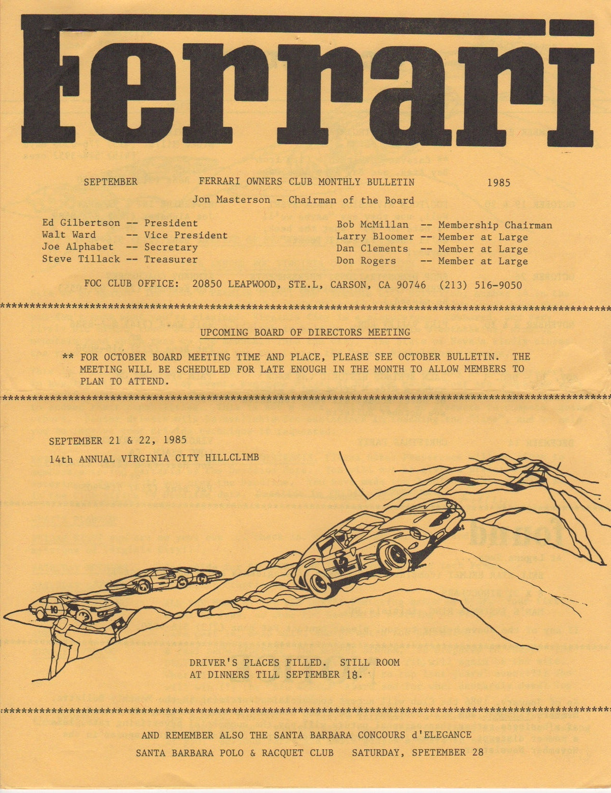 Ferrari, FOC Monthly Bulletin (USA) 1985-09