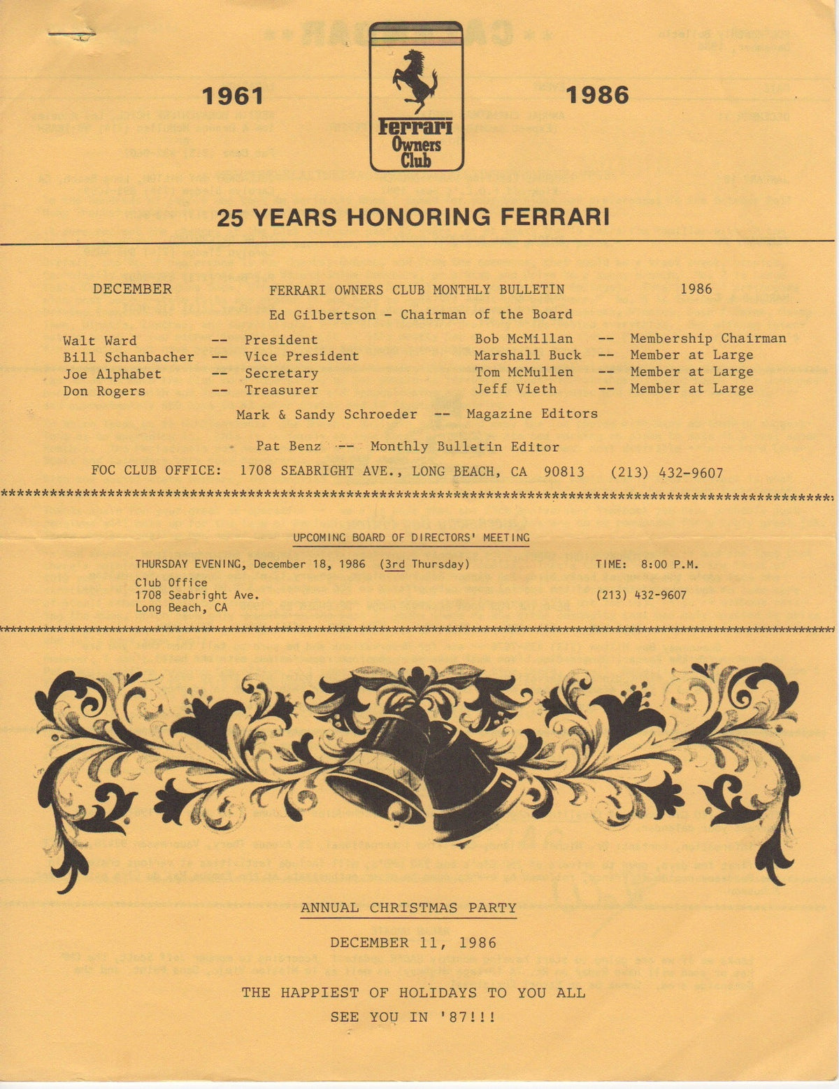 Ferrari, FOC Monthly Bulletin (USA) 1986-12