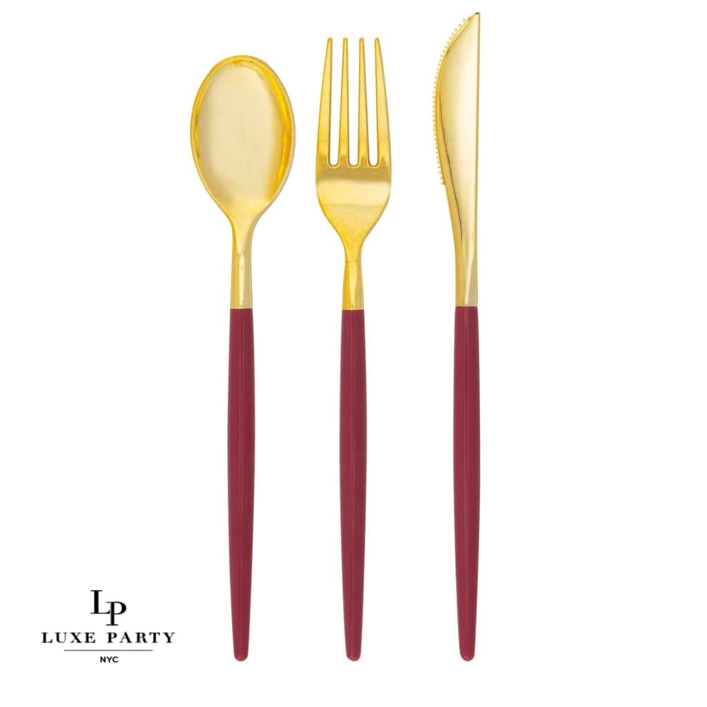Red Cranberry Gold Plastic Cutlery Set | 32 Pieces