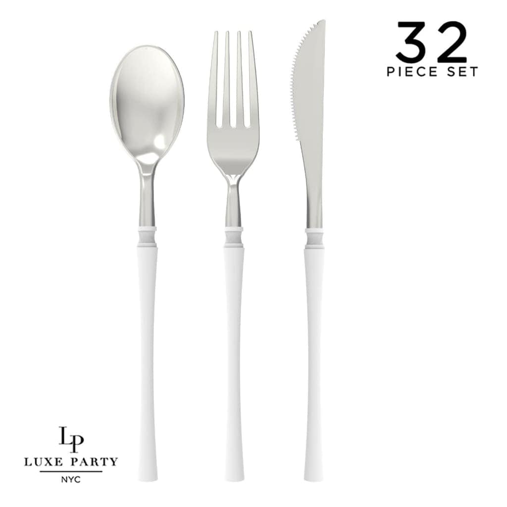 Neo Classic White and Silver Plastic Cutlery Set | 32 Pieces