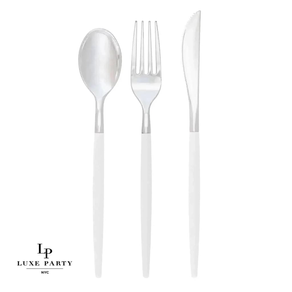 White and Silver Plastic Cutlery Set | 32 Pieces