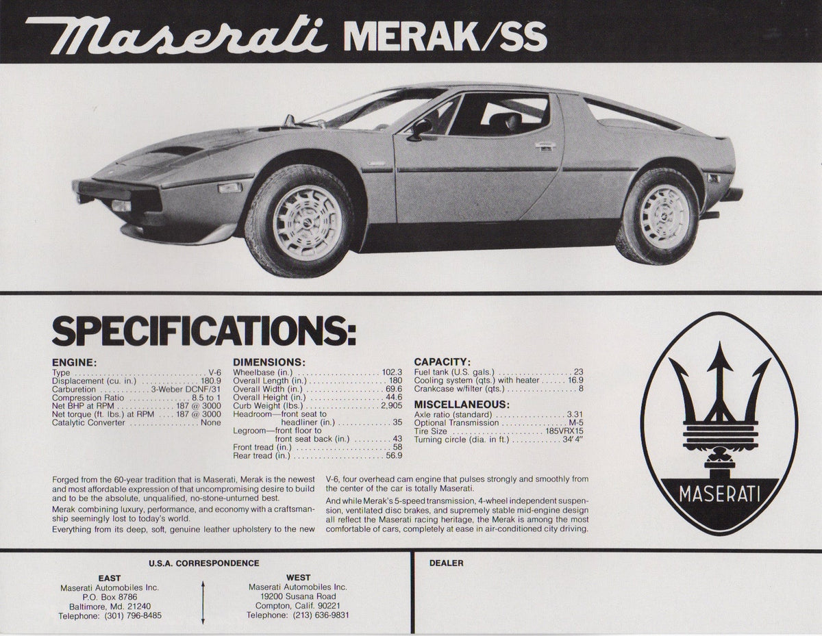 Maserati Merak SS (US Spec) Brochure