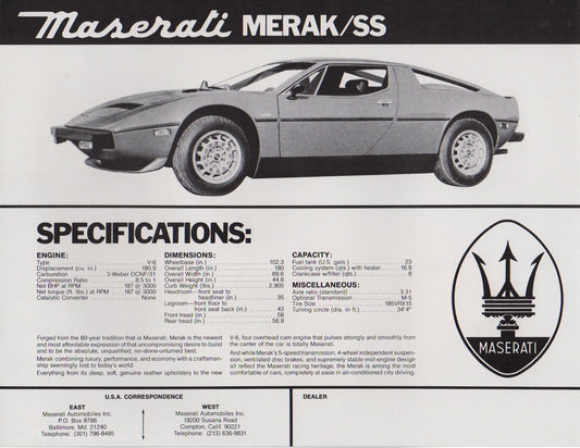 Maserati Merak SS (US Spec) Brochure