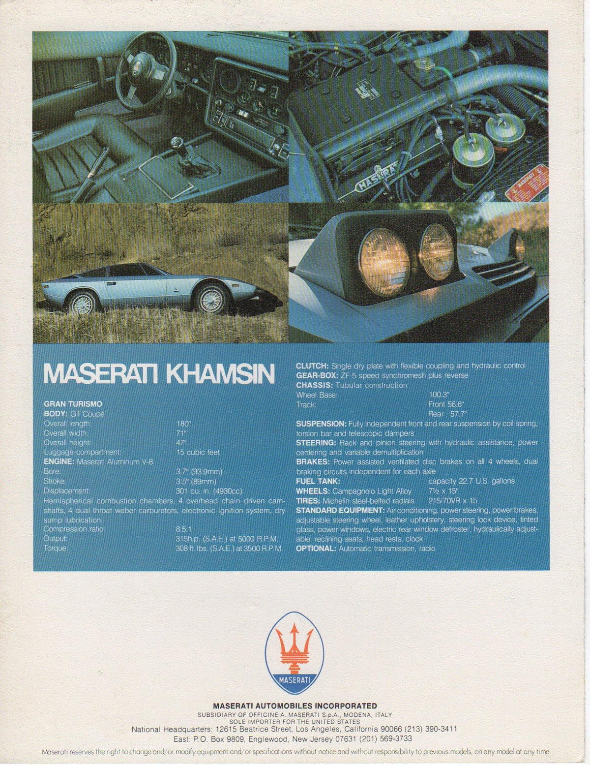 Maserati Khamsin (US Spec) Brochure